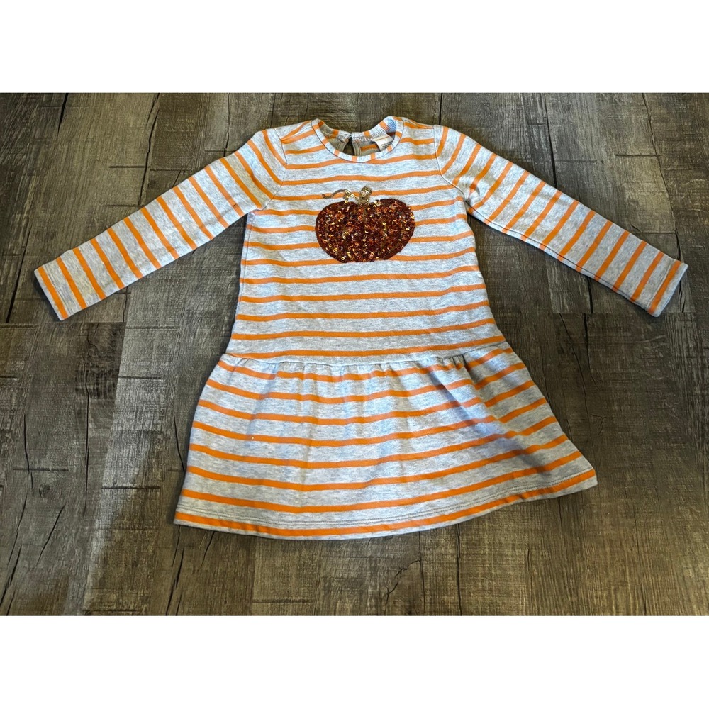 Gymboree Girls Orange Gray Striped Pumpkin Sequin Long Sleeve Dress Size S‎